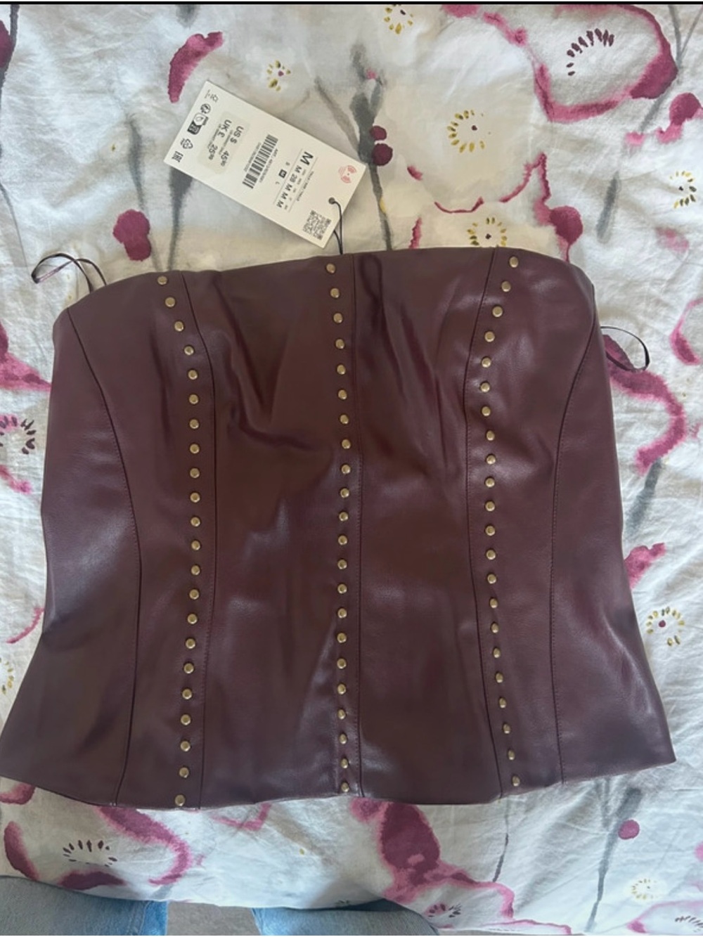 Zara Wine Faux Leather Strapless Studded Corset Top